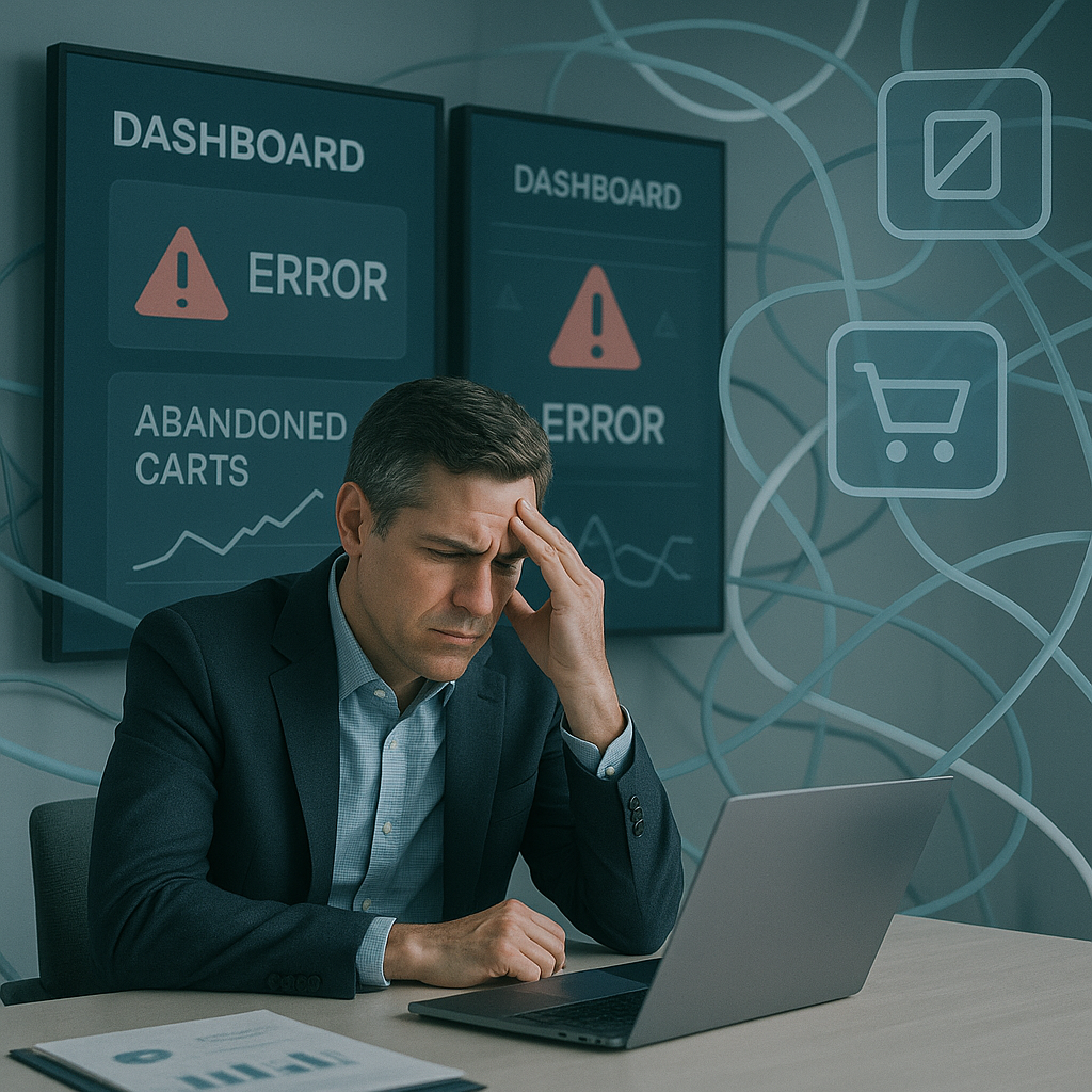 Operations manager reviewing inefficient eCommerce systems and abandoned cart data
